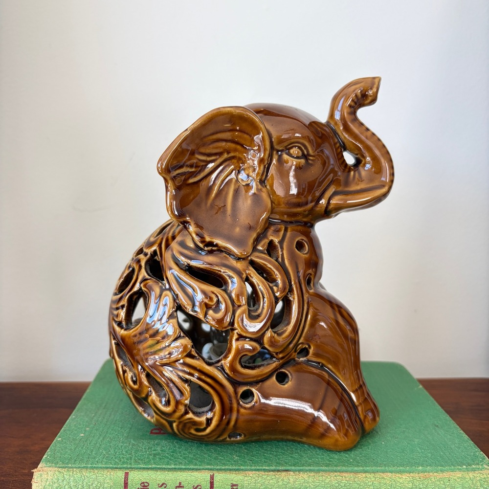 Vintage Brown Ceramic Seated Elephant Accent Lamp Pierced Scrollwork Nightlight